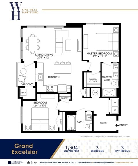 Floor plan for 2 beds, 2 baths, 1304 sqft